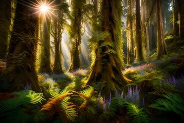 Sunlight filtering through towering fern trees in a lush New Zealand forest, with a carpet of unique and colorful wildflowers covering the forest floor in a symphony of hues