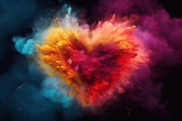 Colorful Powder Heart Shape Love Blowing Up. Holi Powder Blast on Sky, Multicolor Powder Smoke Explosion on Valentine's Day Abstract Background. - obrazy, fototapety, plakaty