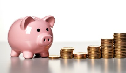 Pig pig piggy bank in pink colour next to coins on white background