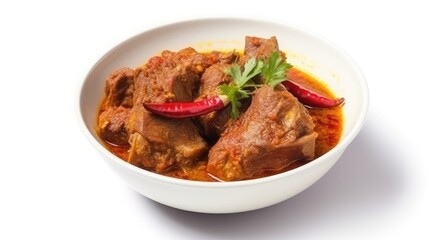 Kerala chicken curry on a table, white bowl