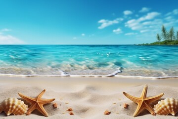Fototapeta na wymiar Tropical beach with sea star on sand, summer holiday background. Travel and beach vacation, free space for text.generative ai.