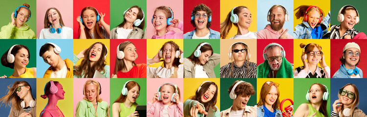 Collage. Different emotional people, men and women listening to music in headphones over multicolored background. Happiness and smile