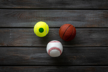 Team sport balls, top view. Sport games background