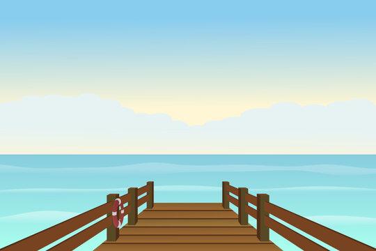 Seashore wooden pier with life-buoy on sunny day. Vector illustration.