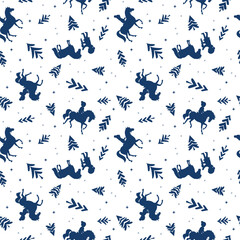 Horseback riding in the winter forest, seamless vector pattern