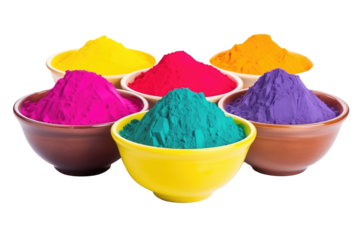 Happy holi festival decoration. Colorful holi bowls with colored powder on transparent background