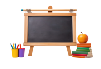 apple on books with pencils and empty blackboard on transparent background - back to school and education concept