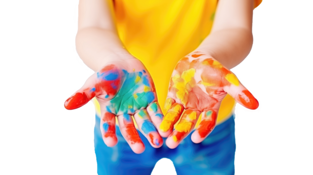 close up of unrecognizable kid showing paint on his hands after painting isolated on transparent background. Education concept
