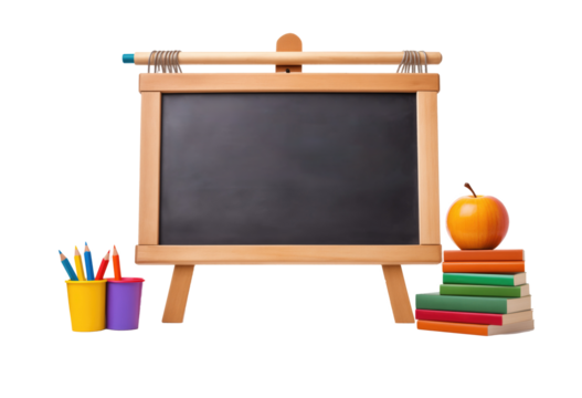 apple on books with pencils and empty blackboard on transparent background - back to school and education concept
