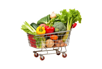 Supermarket shopping cart full of fresh vegetables and fruits on transparent background. Healthy organic food concept