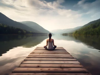 Gartenposter Young woman meditating on a wooden pier on the edge of a lake © Pascal