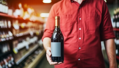 Man in red shirt standing in liquor store ind holding wine bottle in hand. - obrazy, fototapety, plakaty