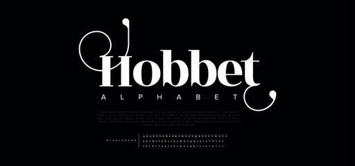 Hobbet premium luxury elegant alphabet letters and numbers. Elegant wedding typography classic serif font decorative vintage retro. Creative vector illustration - obrazy, fototapety, plakaty