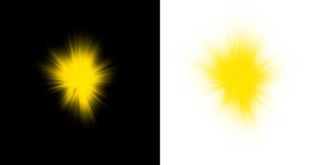 Sunburst PNG image, light overlay, yellow glare glow isolated on transparent background for design, overlay, light transition, sunlight effects, glare, light leaks. - obrazy, fototapety, plakaty