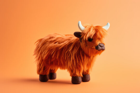 Fluffy highland cow toy with horns on vibrant orange background