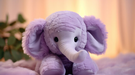 Soft purple elephant plush toy on light background, child's plaything