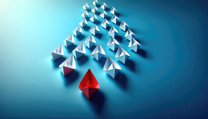 Red paper boat leading a fleet of small white origami ships, leadership concept on blue - obrazy, fototapety, plakaty