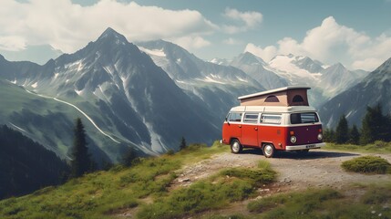 a camper van in the mountains in summer. outdoor nature vacation - obrazy, fototapety, plakaty
