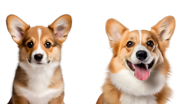 Welsh Corgi Dog Set: Close Up of Puppy and Adult Dog, Isolated on Transparent Background, PNG