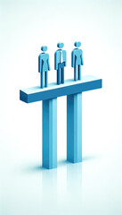 Blue 3D figures on podium representing teamwork, leadership, and corporate hierarchy
