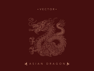 Intricate Golden Asian Dragon on Textured Maroon Vector