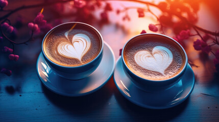 Two cups of coffee with heart-shaped foam on the coffee table. Romantic atmosphere. Romantic date. Love, valentine's day - obrazy, fototapety, plakaty