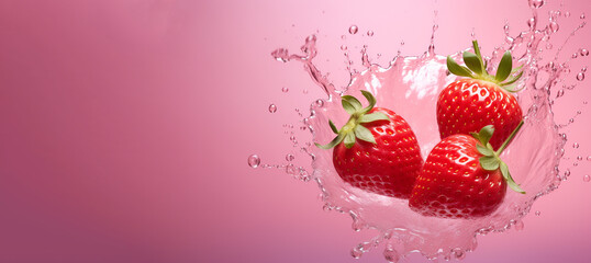 Fresh juicy strawberries with splashes on pink background