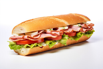Fresh baguette sandwich with ham, tomato, lettuce on white background