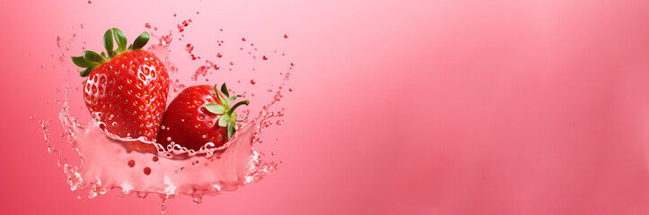 Fresh juicy strawberries with splashes on pink background - obrazy, fototapety, plakaty