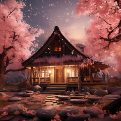A cozy cabin surrounded by falling cherry blossom petals
