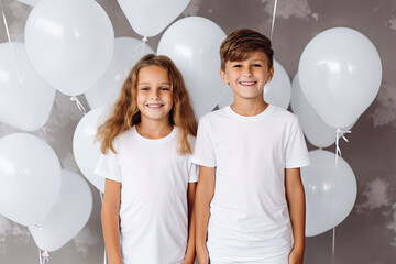 Boy and girl in white T-shirts with white balloons.