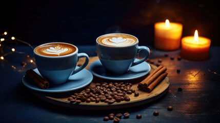 Two cups of coffee with heart-shaped foam on the coffee table. Romantic atmosphere. Romantic date. Love, valentine's day