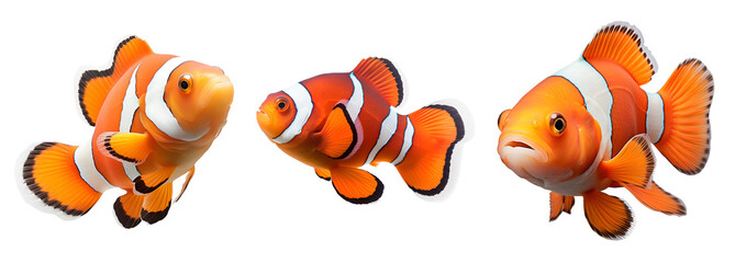 Set of Clown Fish Colored in Orange and White, Isolated on Transparent Background, PNG