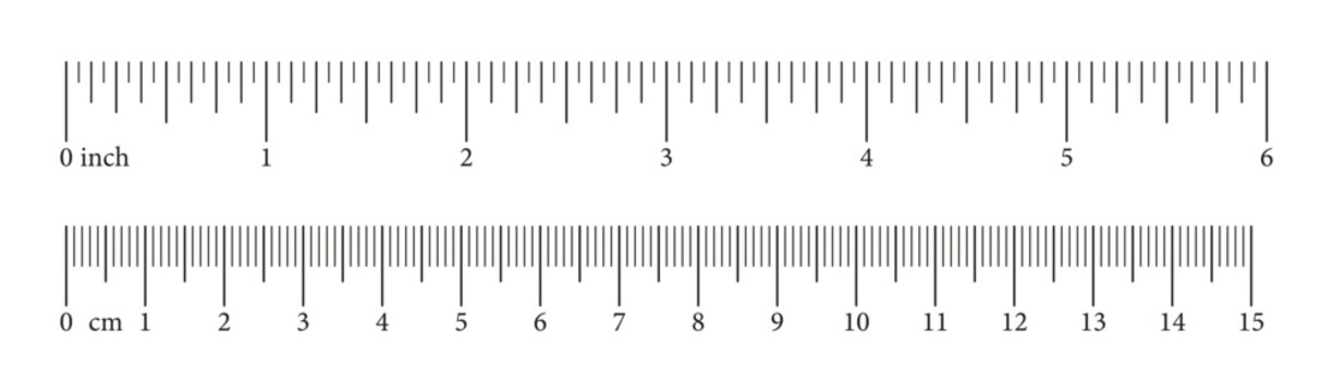 Set of scale with 6 inch, 15 centimeter with markup and numbers. Measuring charts of metric, imperial units. Collection of distance, height, length measurement tool templates. Sewing tool. Vector.