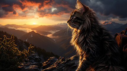 Naklejka premium Big mountain cat sitting on top in the sunset