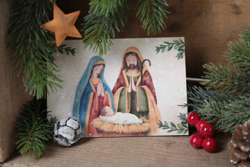 Karte zu Weihnachten: Weihnachtskarte mit Weihnachtskrippe: Maria und Josef mit Jesus