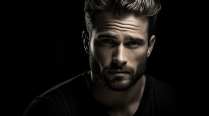 Portrait of a handsome young man with a beard on a black background - 692505620