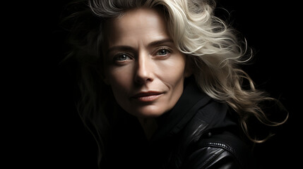 Portrait of a beautiful blonde woman in a leather jacket on a black background