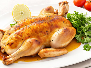 Un pollo asado sobre un plato con verduras. Vista de frente y de cerca. IA Generativa - obrazy, fototapety, plakaty