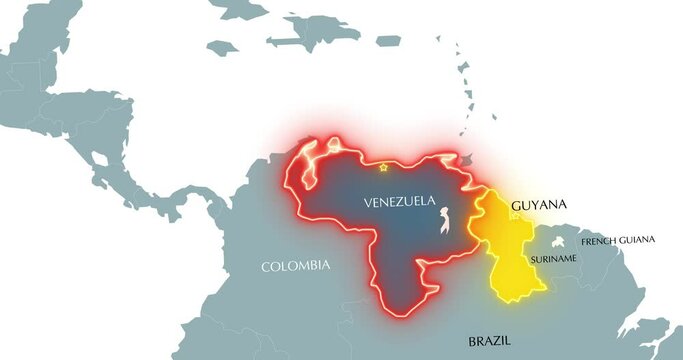 Animation with the borders of Venezuela and Guyana. Territorial dispute between Venezuela and Guyana. A crisis.