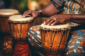 Close-up shots of traditional African drums being played, emphasizing the rhythm and cultural significance, Black History month concept