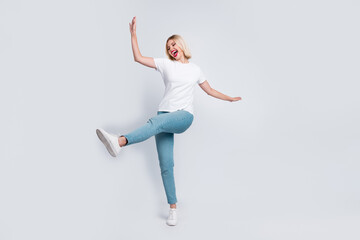 Full body photo of careless crazy eccentric woman wear stylish t-shirt jeans celebrate black friday...