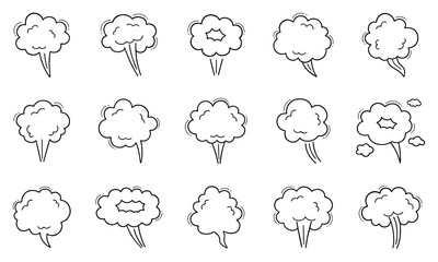 Smoke, boom bubble, steam doodle set. Comic speed cloud, explosion, blow wind, smoke puffs in sketch style. Hand drawn vector illustration isolated on white background