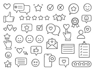 Feedback doodle set. Quick Response, rating, review, testimonials, support service, emotion symbols in sketch style. Hand drawn vector illustration isolated on white background © AnyaLi