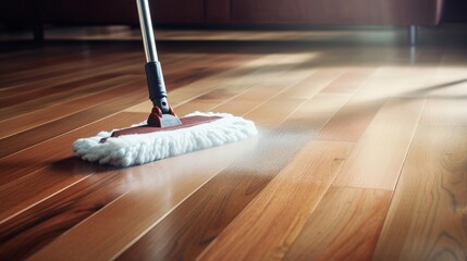 Floor cleaning with cleanser foam. Cleaning tools on parquet floor