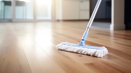 Floor cleaning with cleanser foam. Cleaning tools on parquet floor