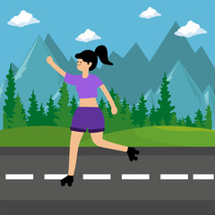 Capture the dynamic spirit of movement with vibrant illustration featuring a girl running with enthusiasm along the road. Ideal for fitness visuals, lifestyle campaigns, creative projects.