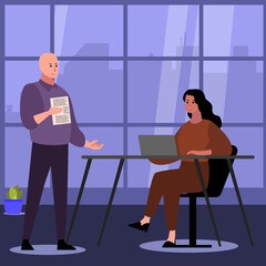 Showcase the dynamics of a collaborative work environment with this detailed illustration featuring a man actively working on a laptop, while another stands nearby for discussion.
