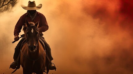 A man riding a horse wearing a cowboy hat in the dust of the prairie. - obrazy, fototapety, plakaty