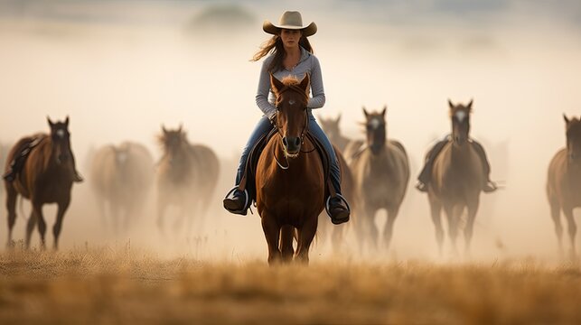Cattle drivers. A man in a cowboy hat while driving a herd of horses.
